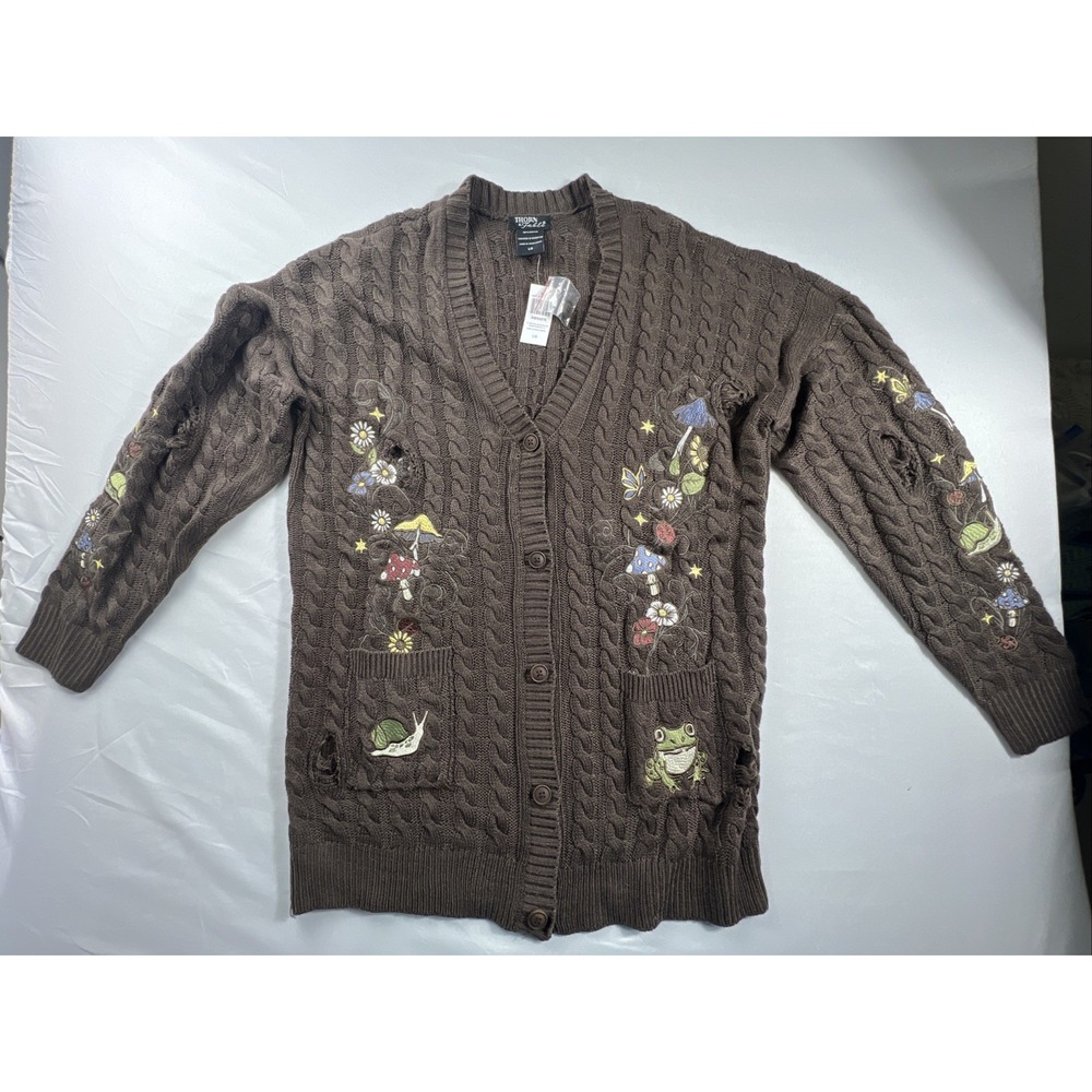 Embroidered Mushroom Frog Distressed Cardigan Sweater Large Brown BNWT Hot topic - Picture 2 of 15